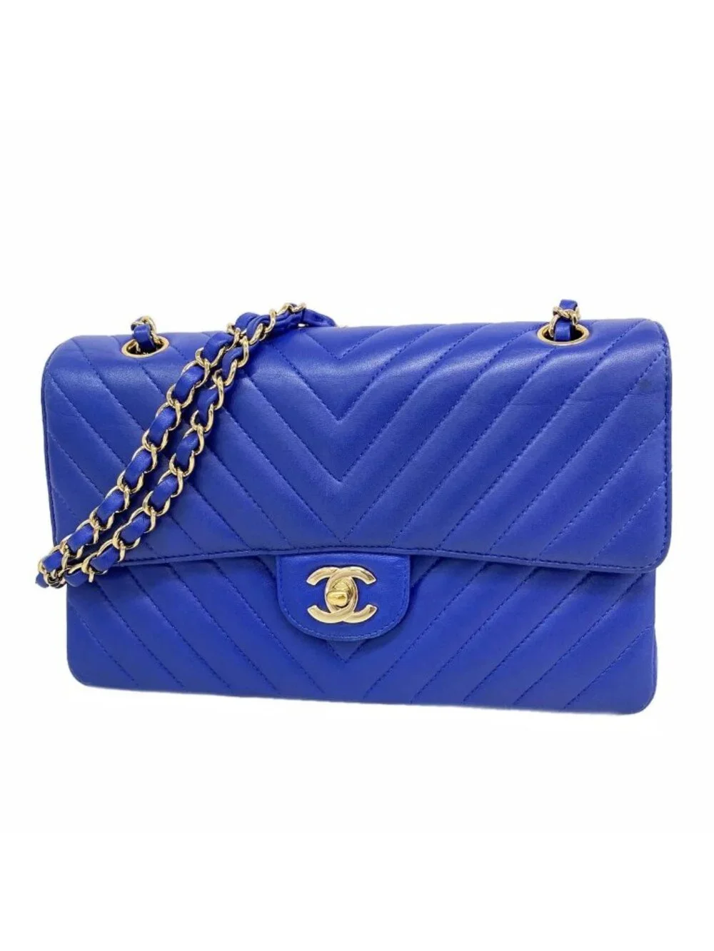 Chanel Shoulder Bag Chevron Lambskin Blue Silver